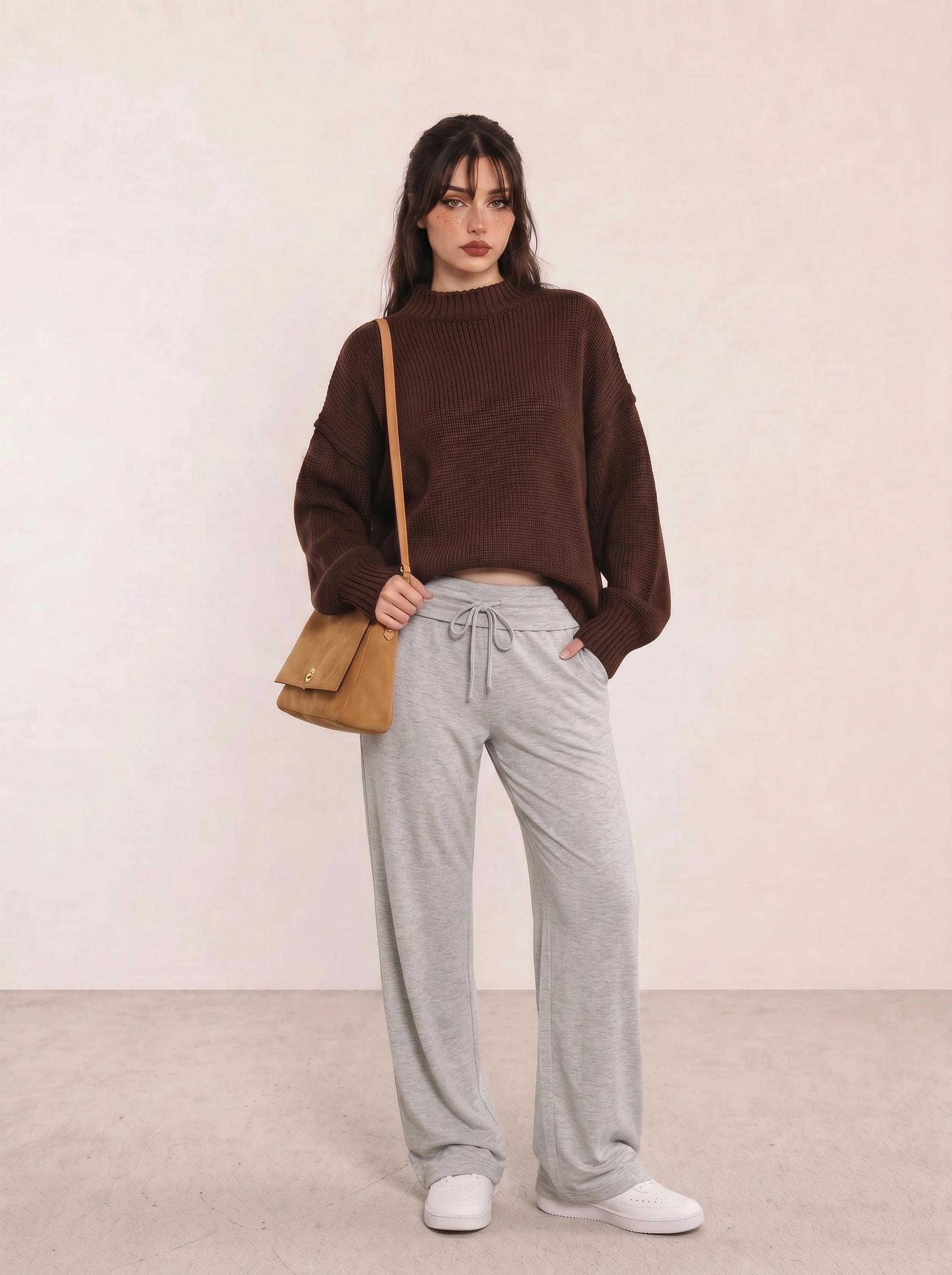 Brown Chunky Sweater & Grey Drawstring Pants