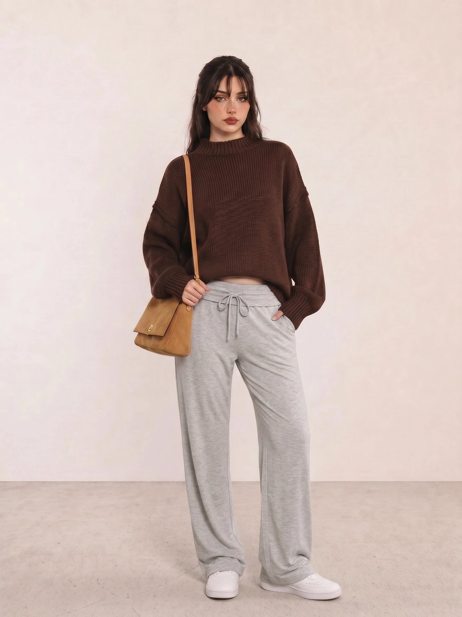 Clean girl outfit with a brown chunky sweater, grey drawstring pants, and a tan suede shoulder bag