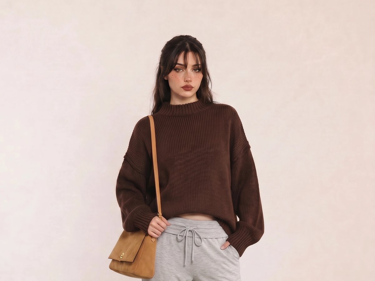 Brown Chunky Sweater & Grey Drawstring Pants
