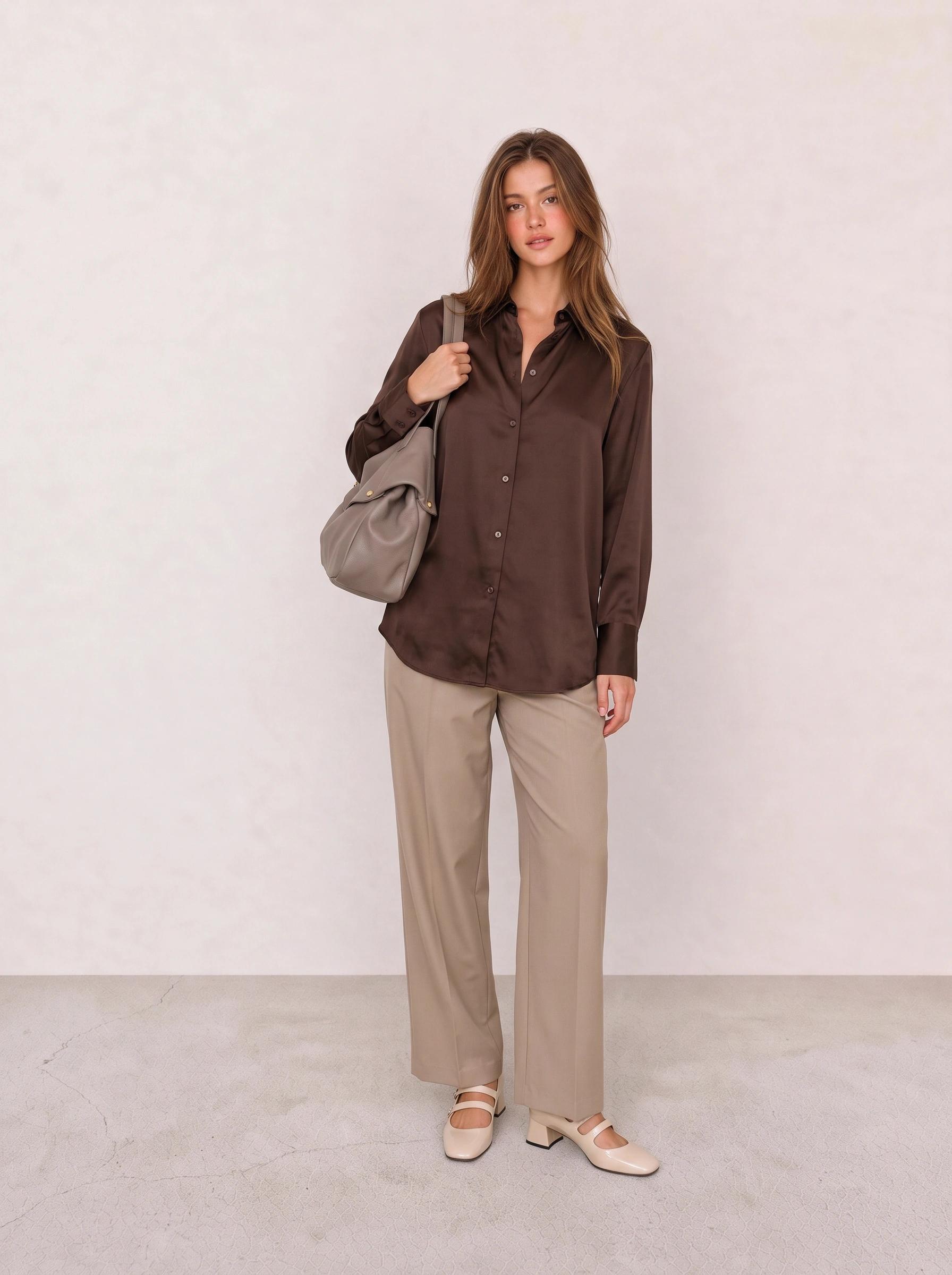 Brown Satin Button-Down Shirt & Beige Pleated Trousers