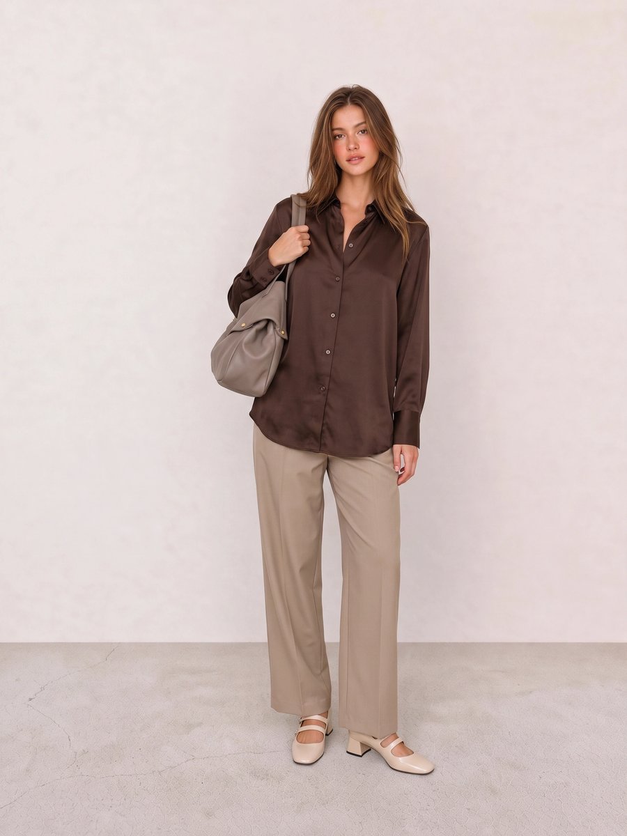 Old money look with brown satin button-down shirt & beige pleated trousers and beige patent mary jane flats
