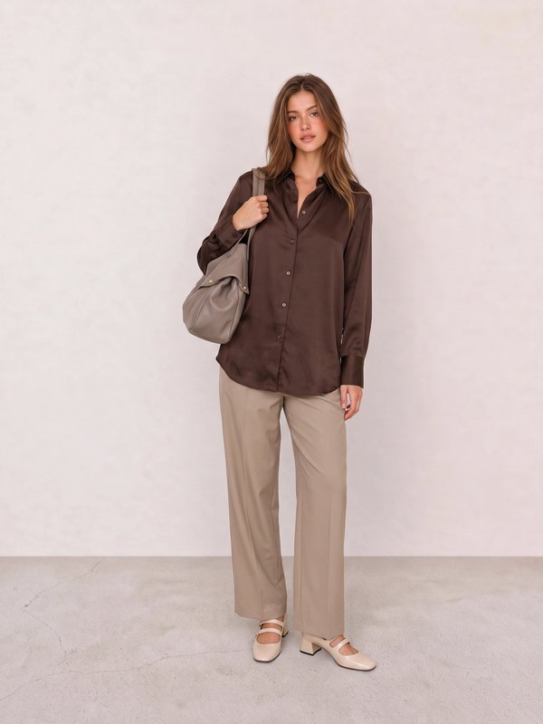 Brown Satin Button-Down Shirt & Beige Pleated Trousers