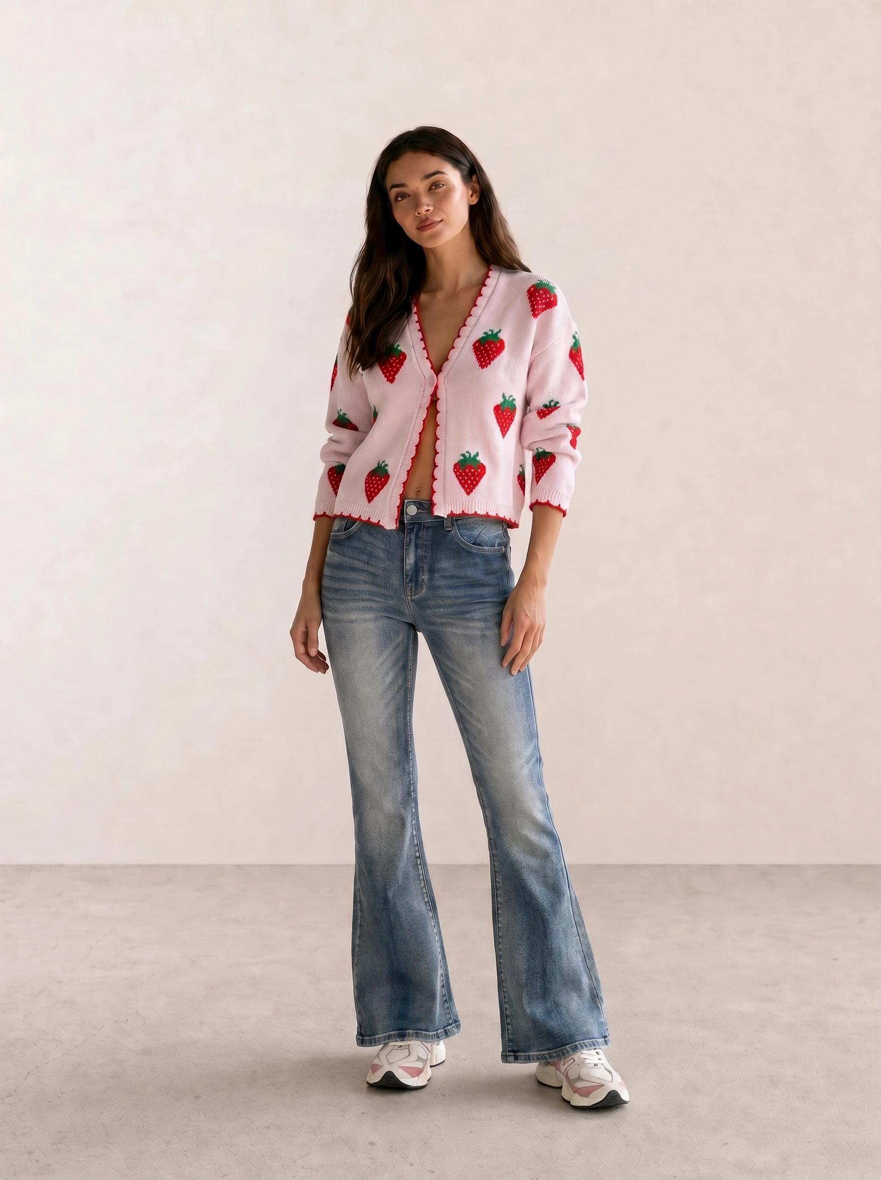 Strawberry Print Cardigan & Flared Jeans