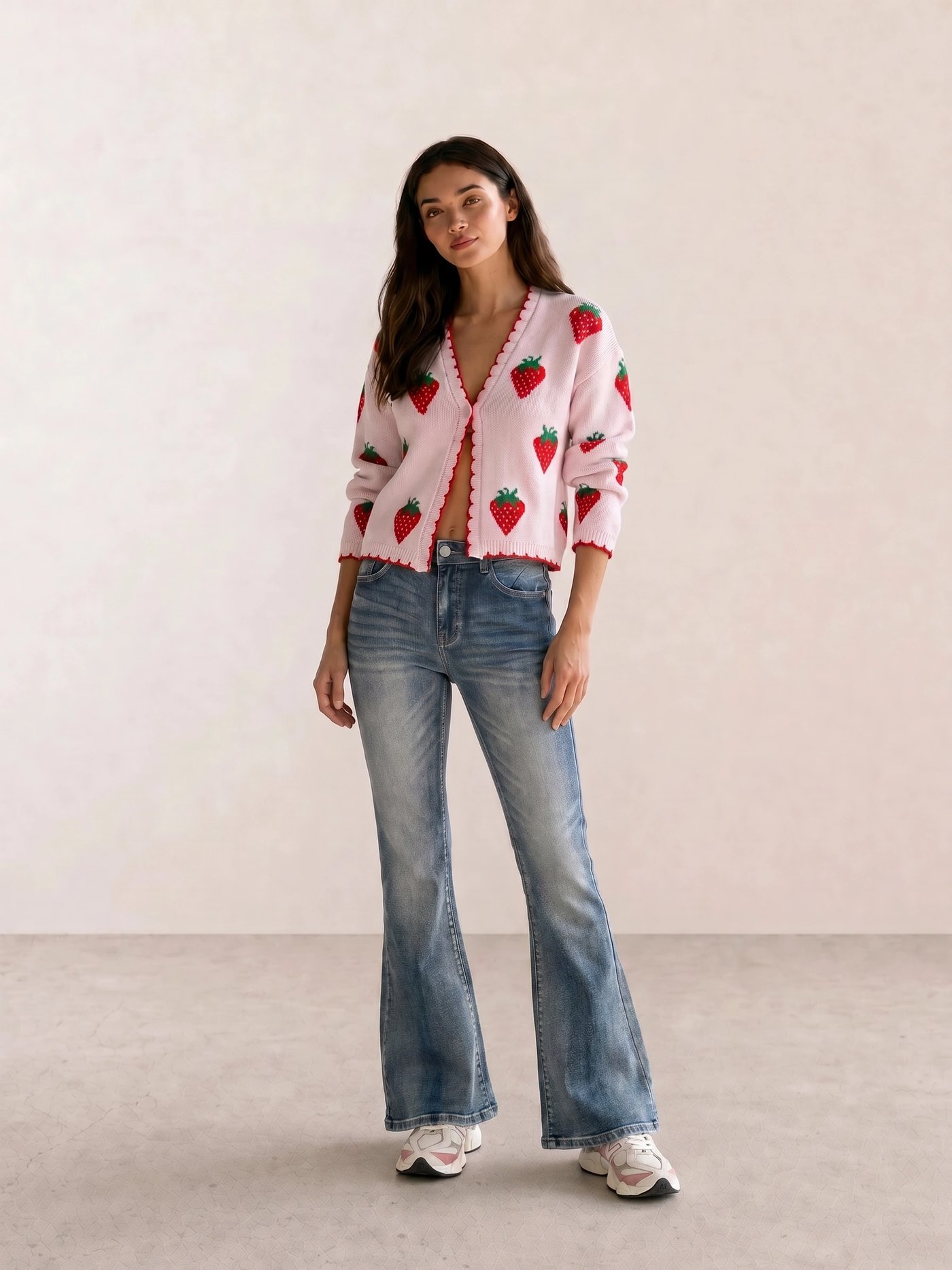 Strawberry Print Cardigan & Flared Jeans