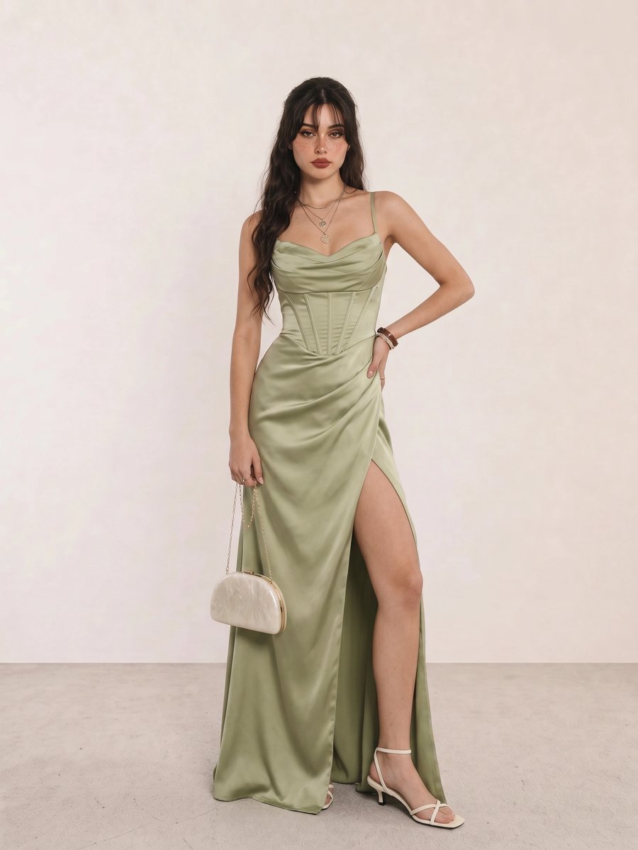 Sage satin corset gown with white kitten heels and ivory frame clutch