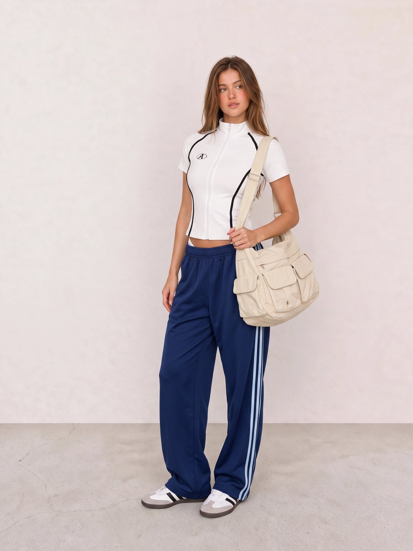 White Zip Top and Blue Track Pants Athleisure Outfit