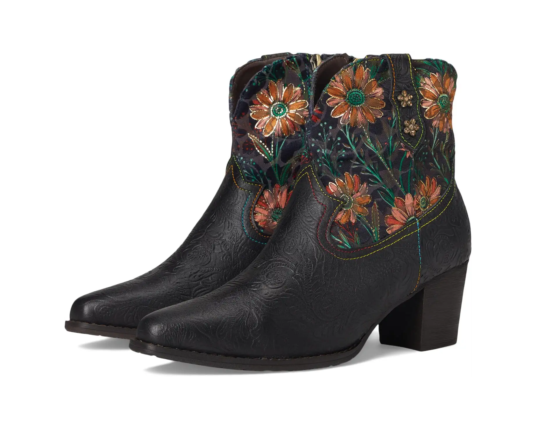 Black Floral Embroidered Ankle Boots