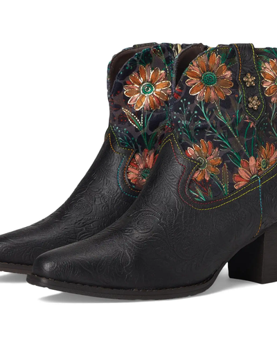 Black Floral Embroidered Ankle Boots