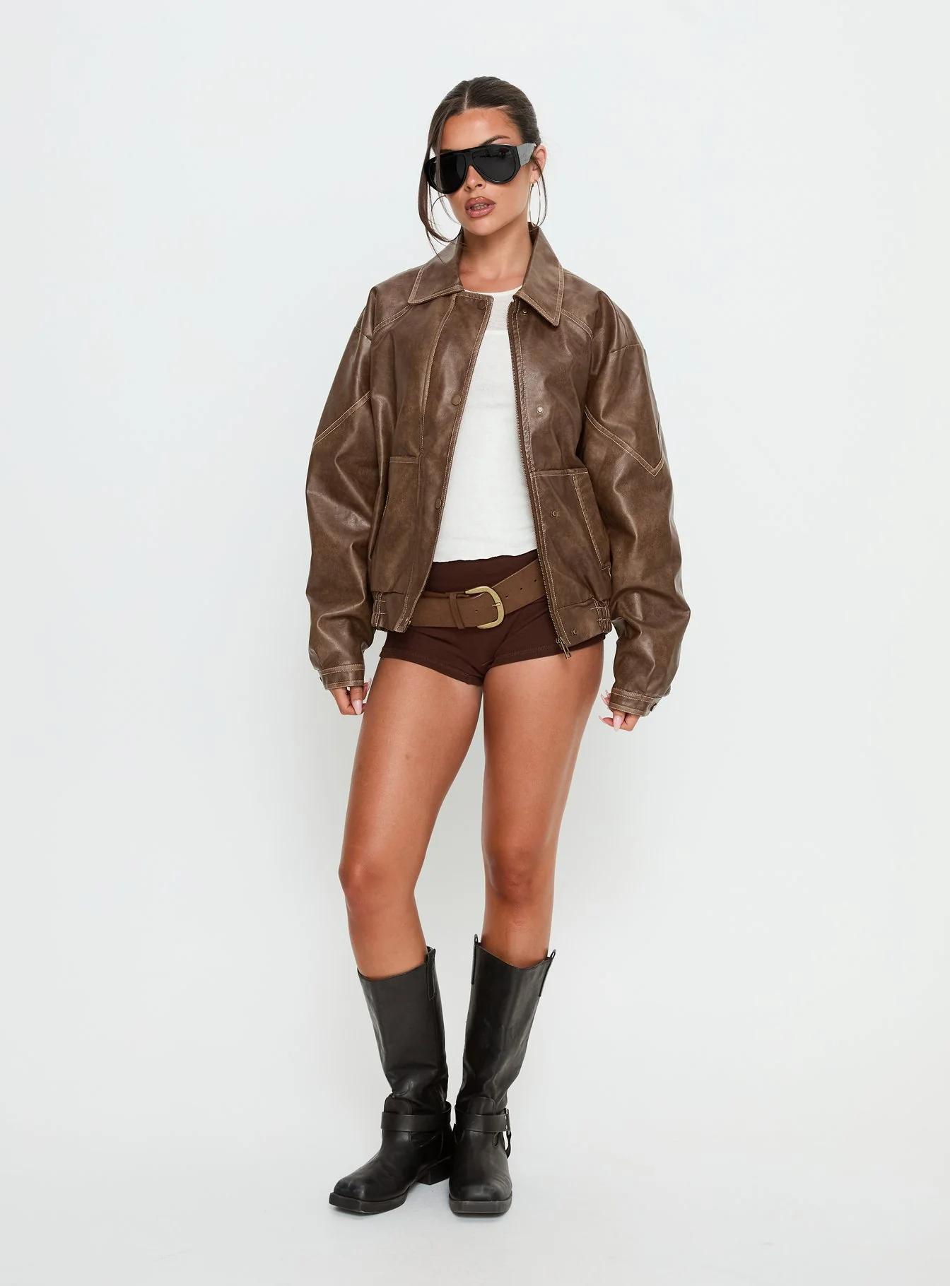 Brown Oversized Leather Bomber Jacket