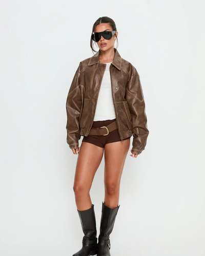 Brown Oversized Leather Bomber Jacket