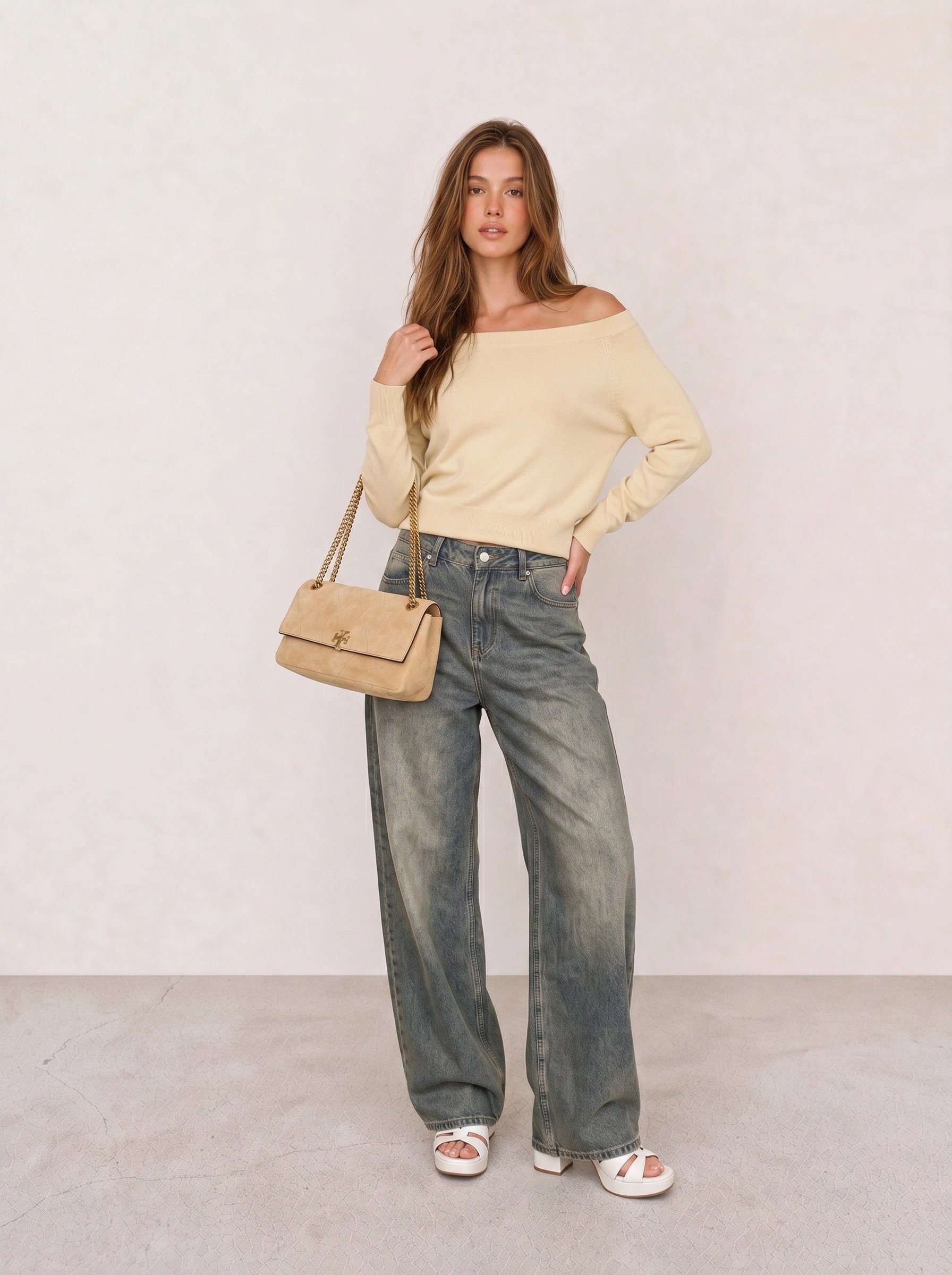 Cream Off-Shoulder Top & Wide-Leg Jeans
