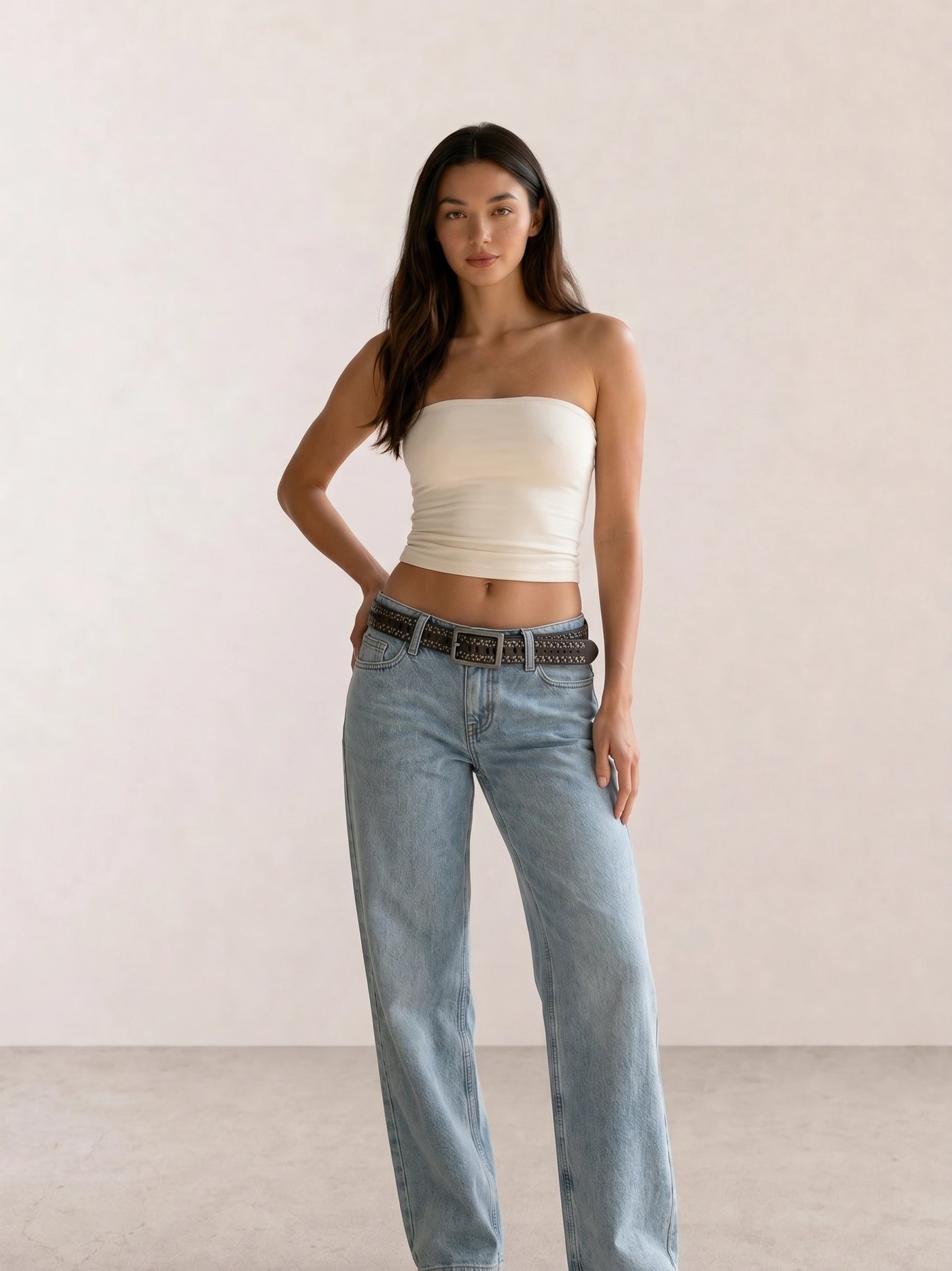 Cream Tube Top & Light Wash Wide-Leg Jeans