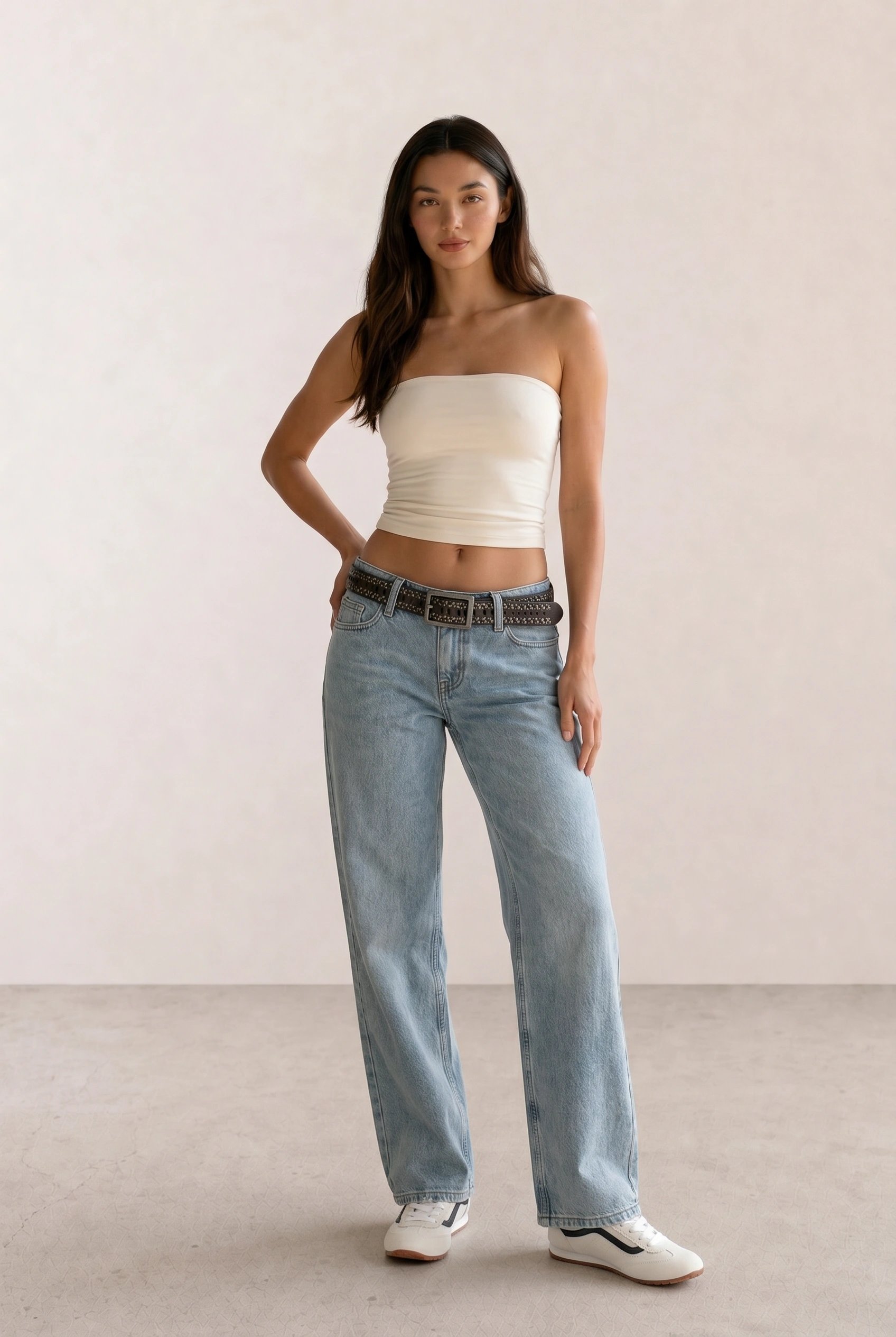 Cream Tube Top & Light Wash Wide-Leg Jeans