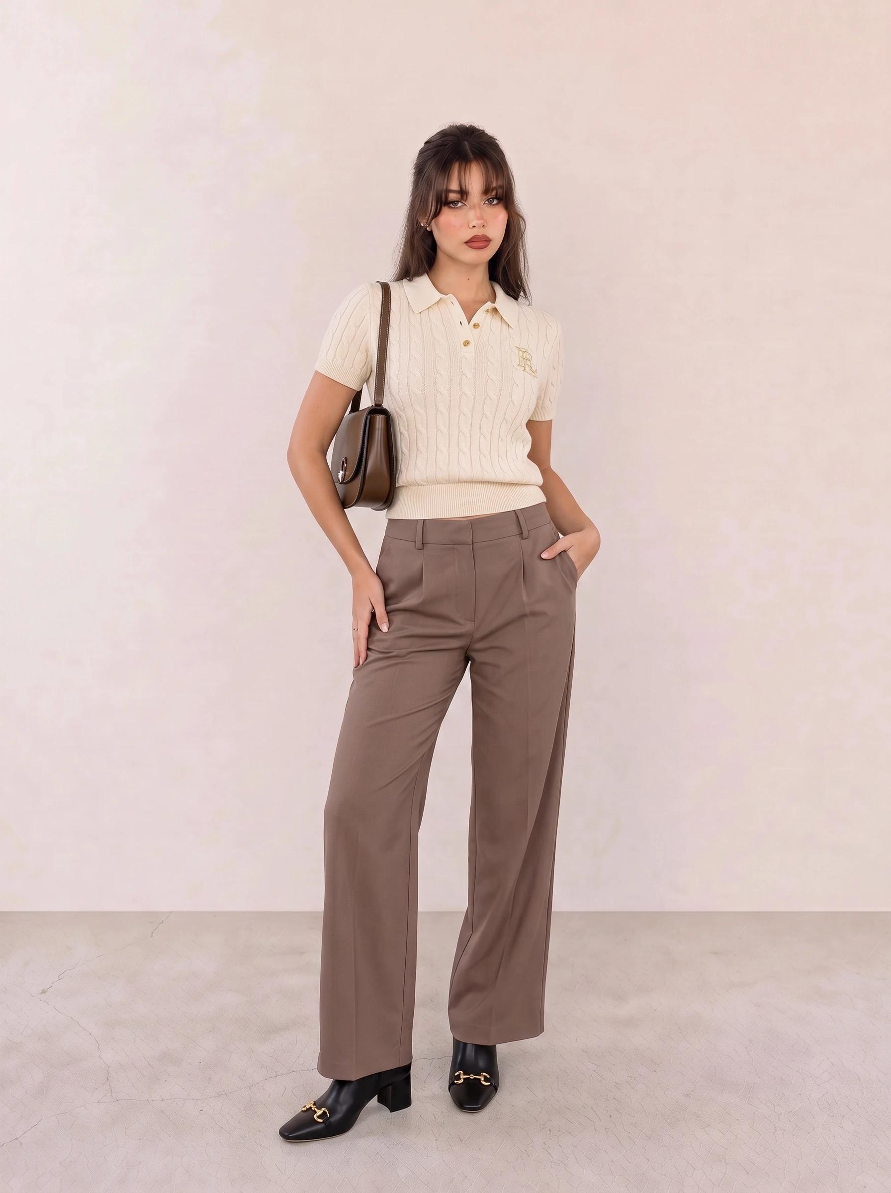 Ivory Cable-Knit Polo Top & Brown Wide-Leg Trousers