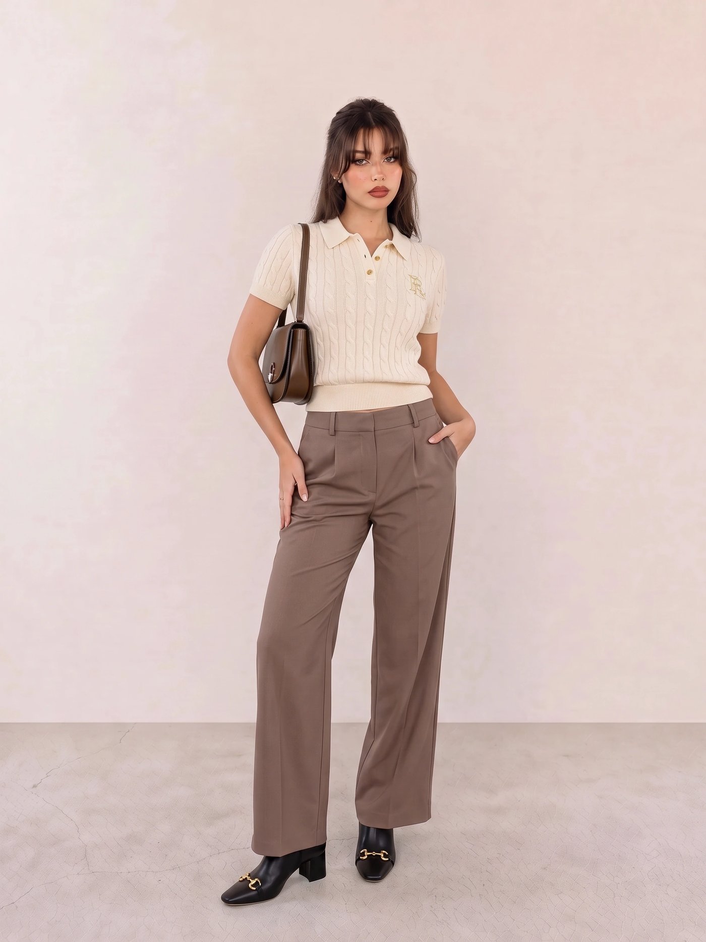 Ivory Cable-Knit Polo Top & Brown Wide-Leg Trousers