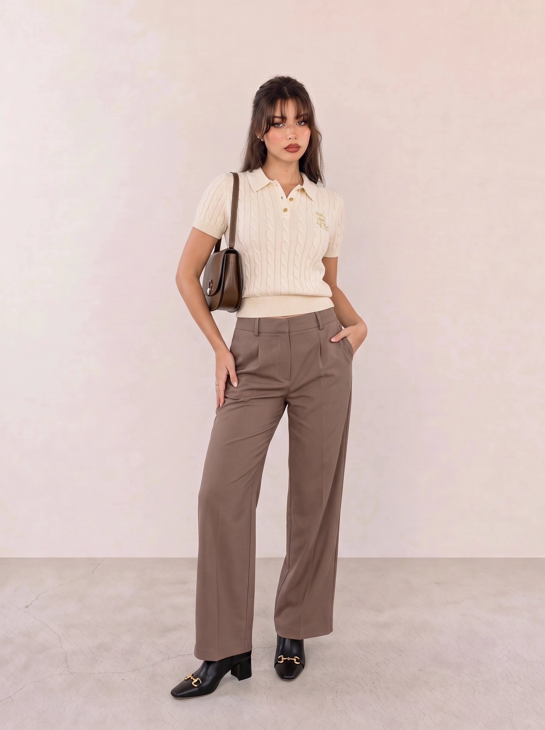 Ivory Cable-Knit Polo Top & Brown Wide-Leg Trousers