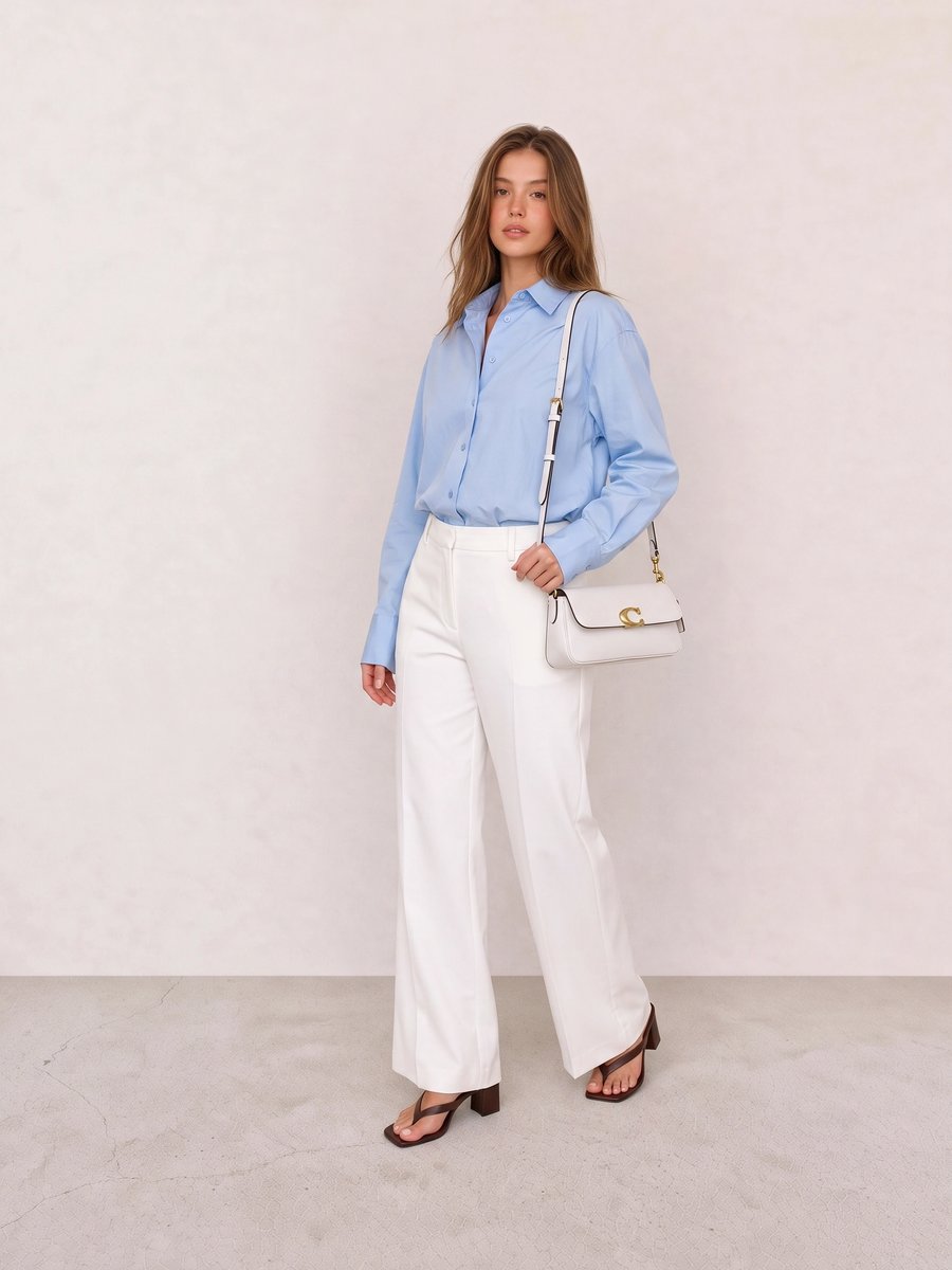 Old money look with light blue oversized button-down shirt & white wide-leg trousers and blue slingback kitten heels
