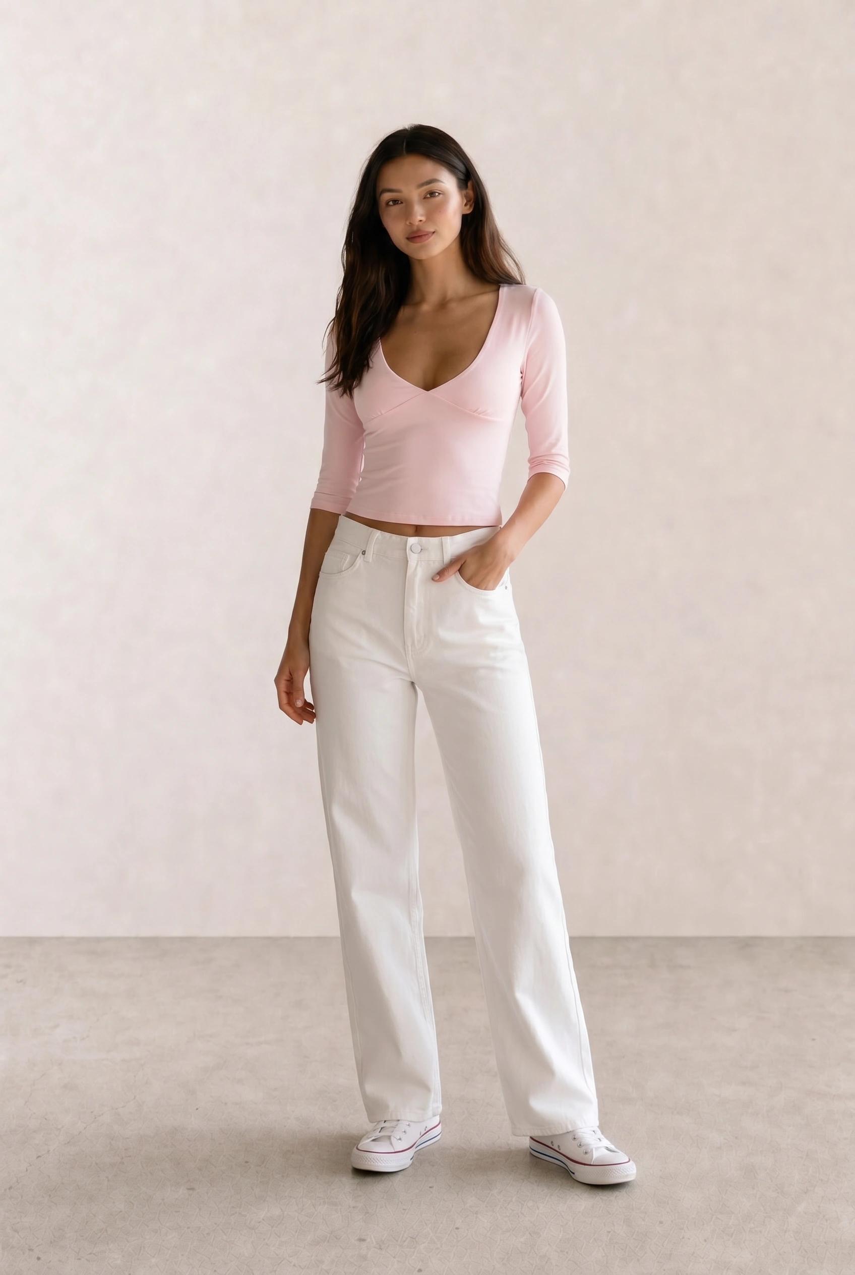 Pink V-Neck Crop Top & White Wide-Leg Jeans
