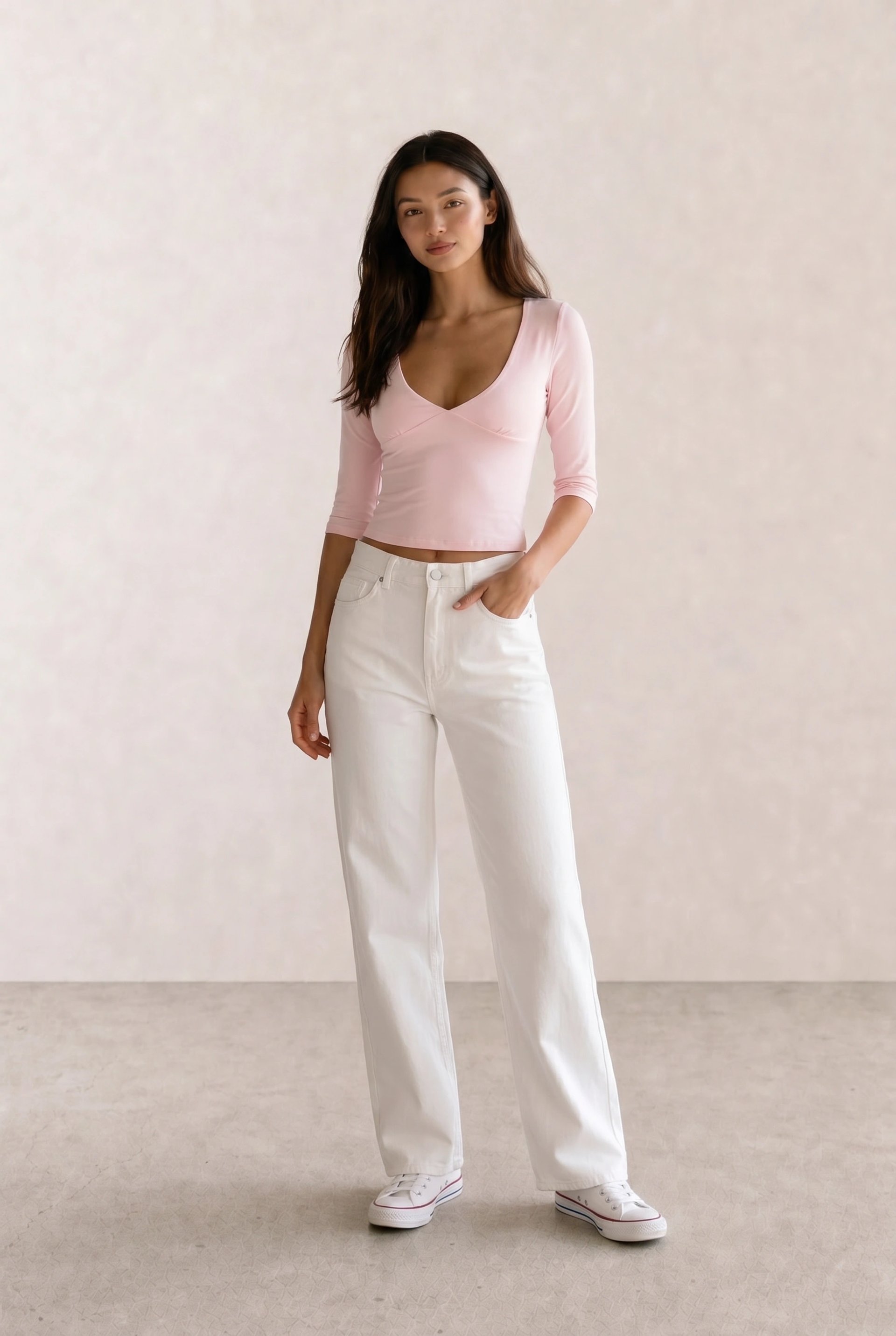 Pink V-Neck Crop Top & White Wide-Leg Jeans