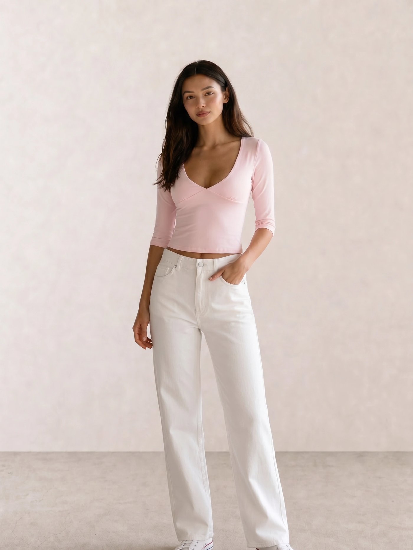 Pink V-Neck Crop Top & White Wide-Leg Jeans