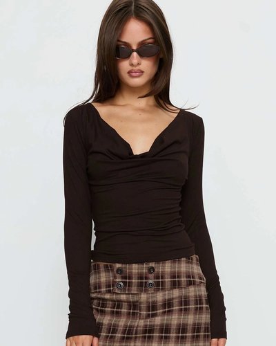 Brown Draped Long-Sleeve Top