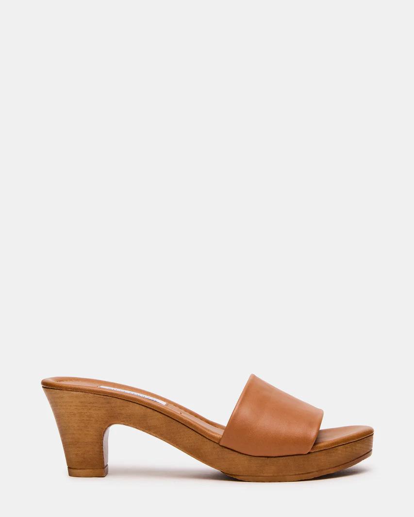 Tan Wooden-Heel Mules