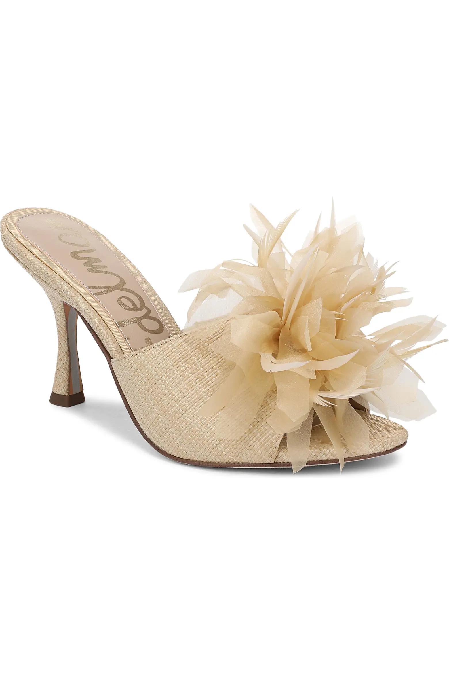 Beige Flower Heeled Mules
