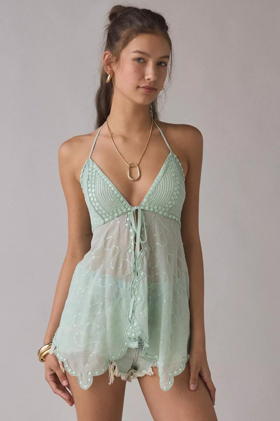 Mint Sheer Embroidered Babydoll Top