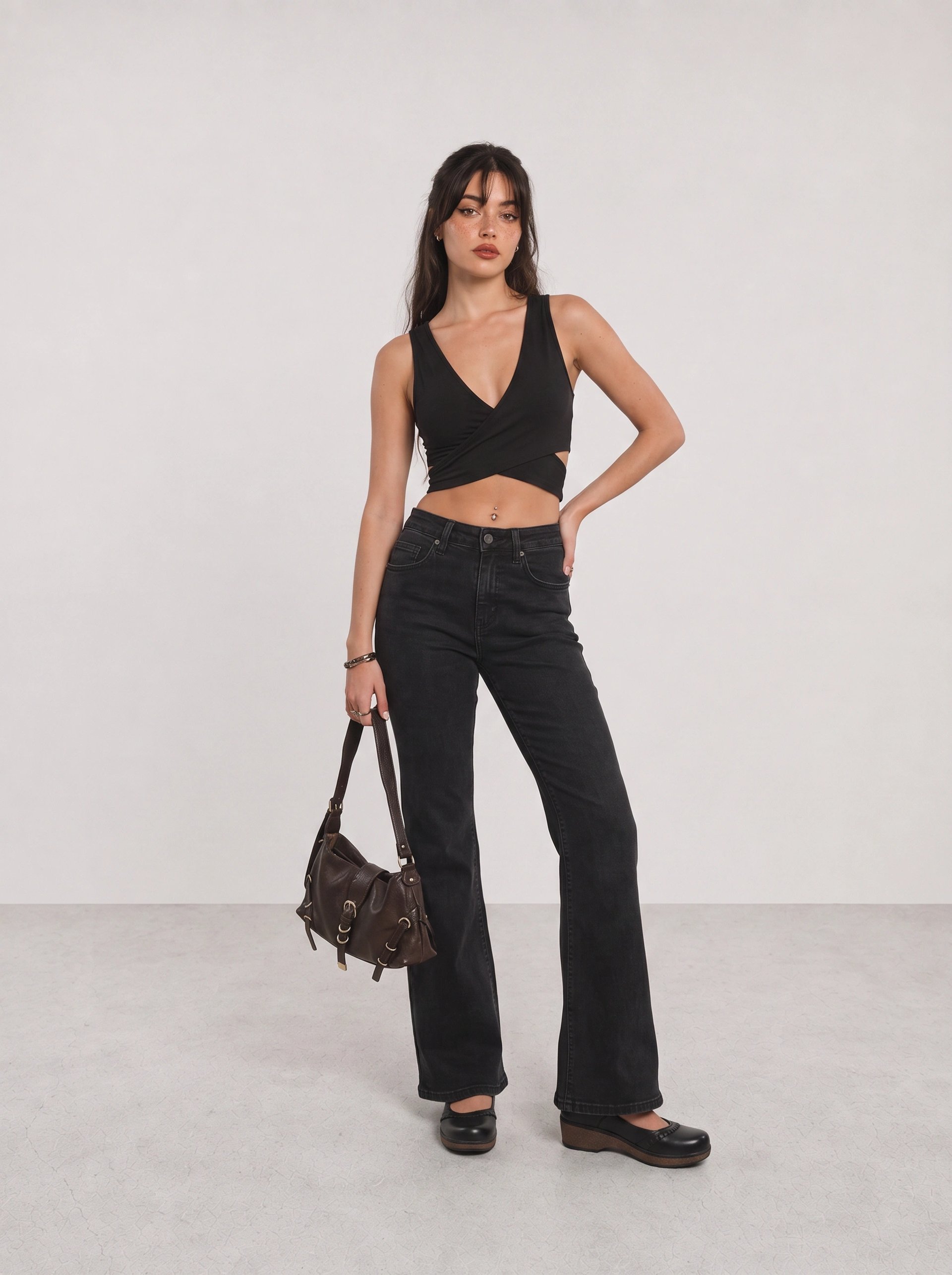 Black Wrap Top and Black Flared Jeans Y2K Outfit