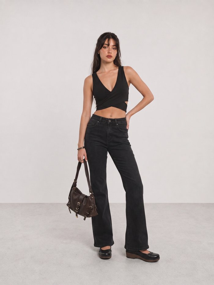 Black Wrap Top and Black Flared Jeans Y2K Outfit