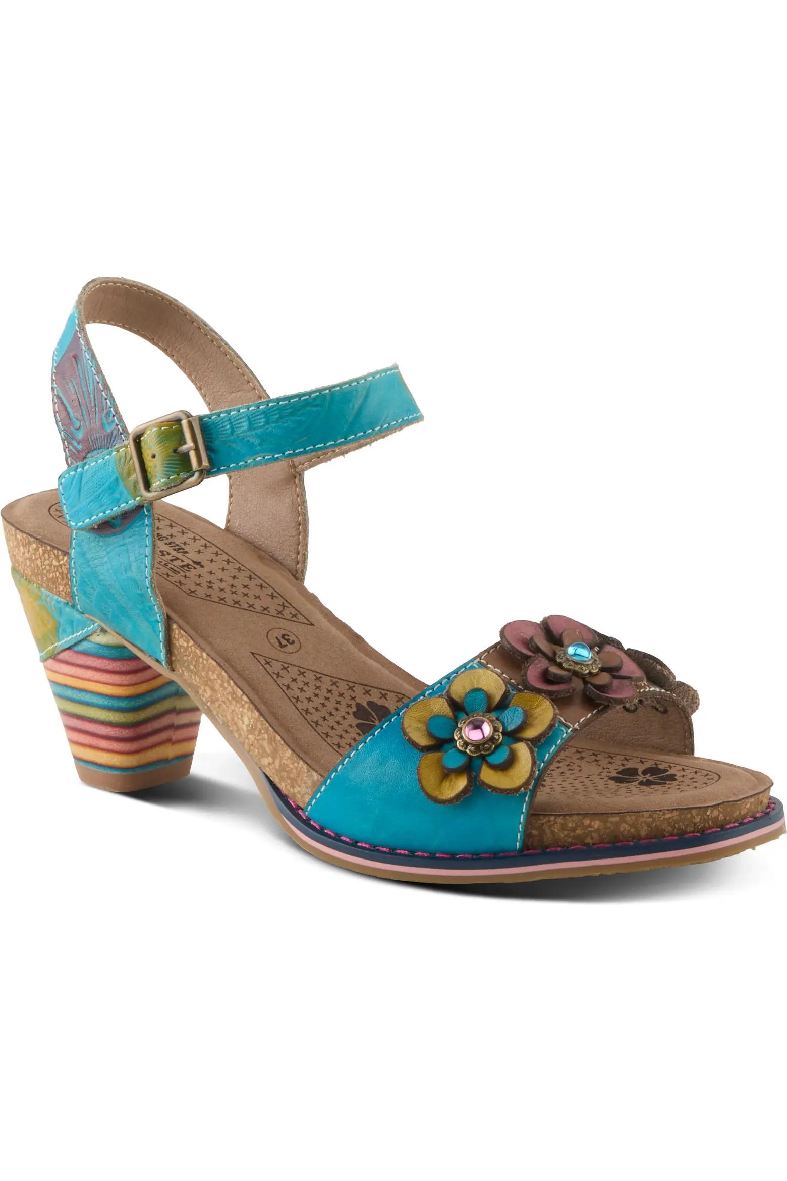 Turquoise Floral Leather Sandals