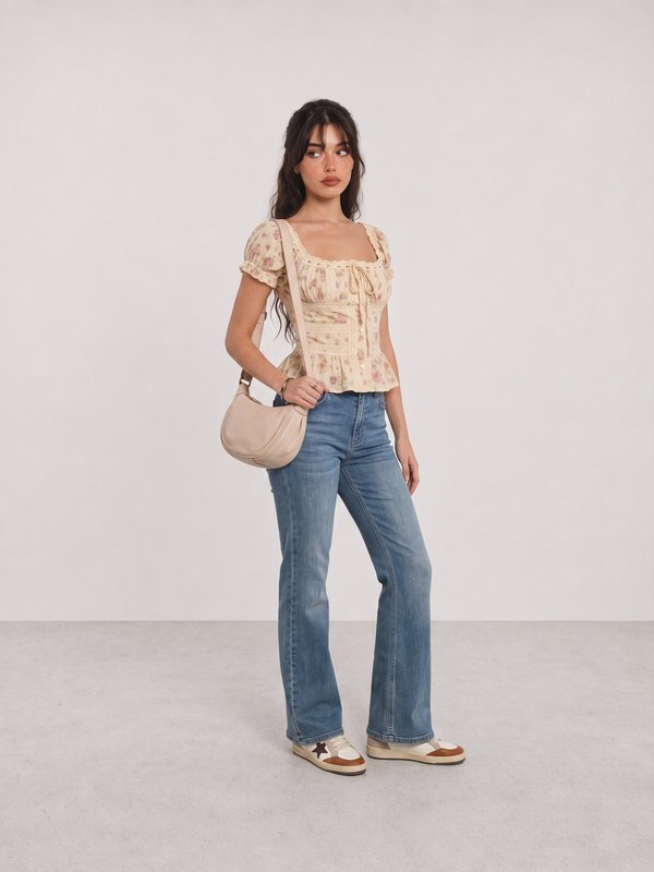 Cream Floral Blouse and Blue Flared Jeans Y2K Outfit