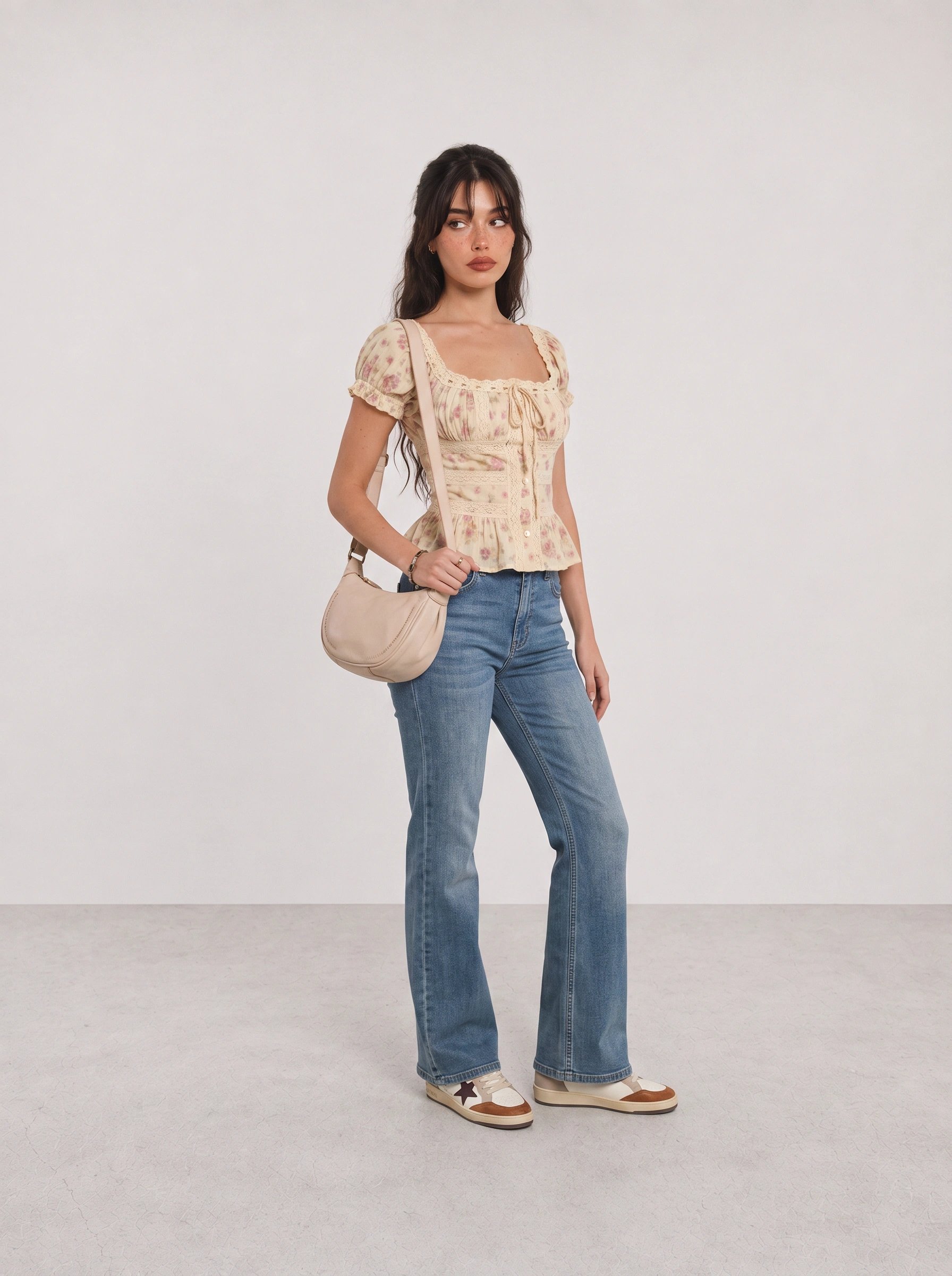 Cream Floral Blouse and Blue Flared Jeans Y2K Outfit