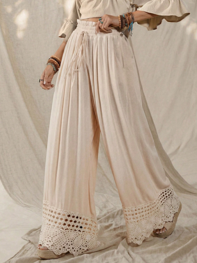Cream Crochet Hem Wide-Leg Pants