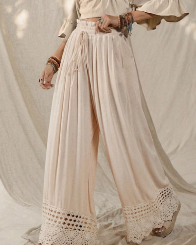 Cream Crochet Hem Wide-Leg Pants