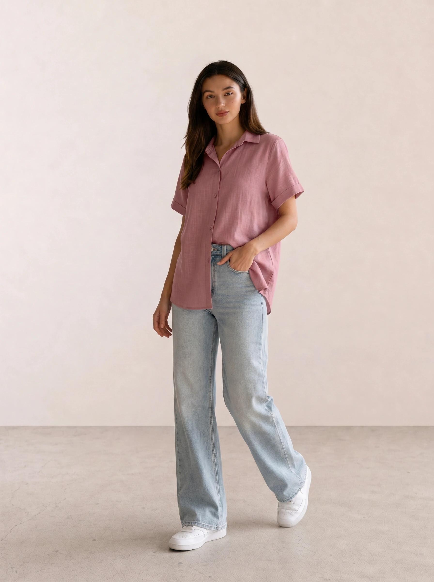 Mauve Linen Shirt & Bleached Wide-Leg Jeans