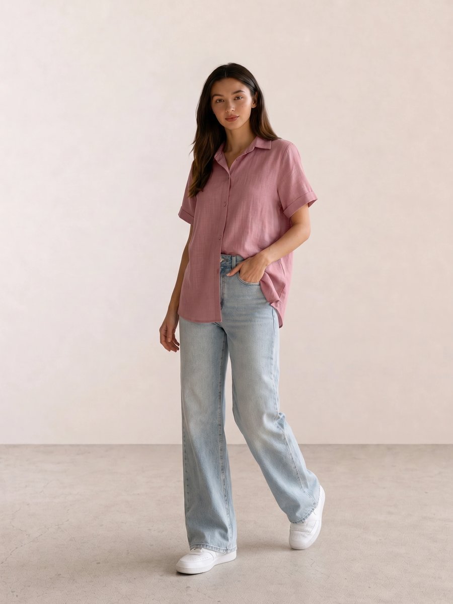 Basic casual outfit with a mauve linen shirt, bleached wide-leg jeans, and white Nike sneakers