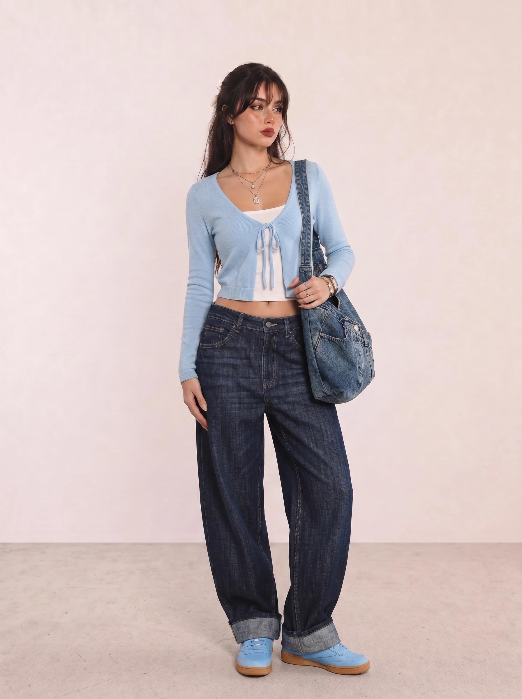 Light Blue Cardigan & Navy Wide-Leg Jeans