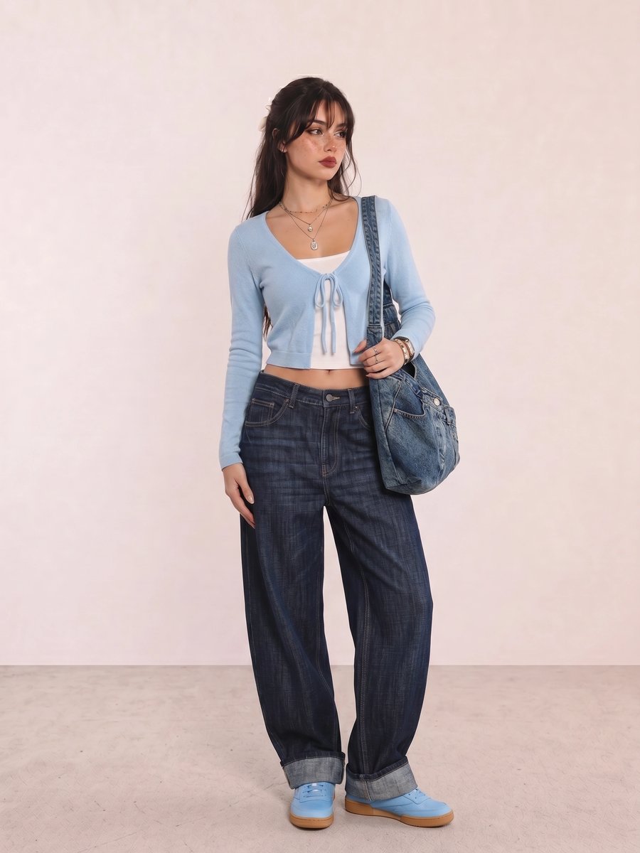 Korean fashion outfit with a light blue cardigan, navy wide-leg jeans, and light blue sneakers
