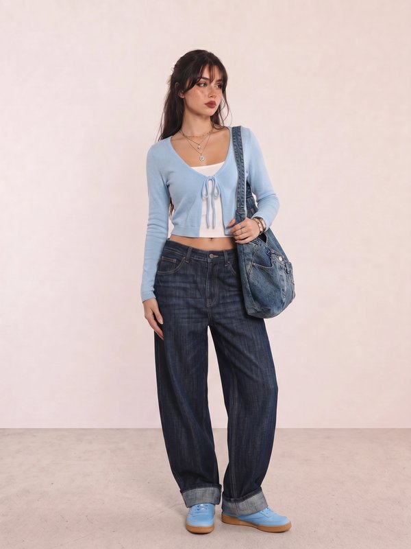 Light Blue Cardigan & Navy Wide-Leg Jeans