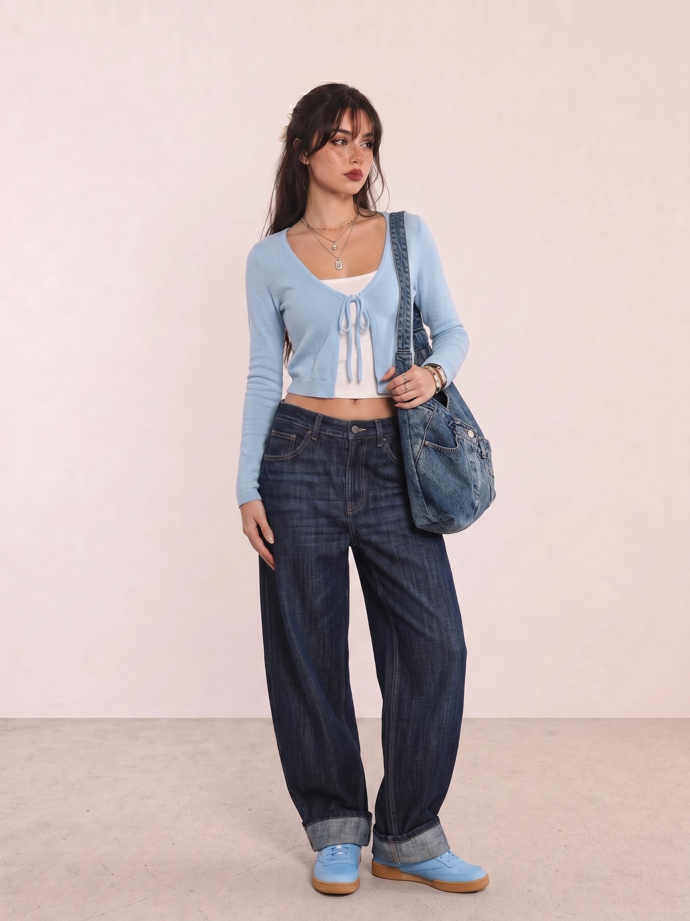 Light Blue Cardigan & Navy Wide-Leg Jeans