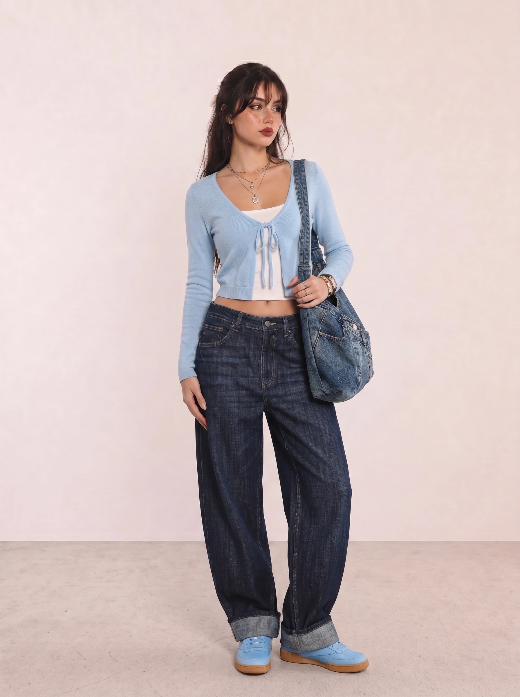 Light Blue Cardigan & Navy Wide-Leg Jeans