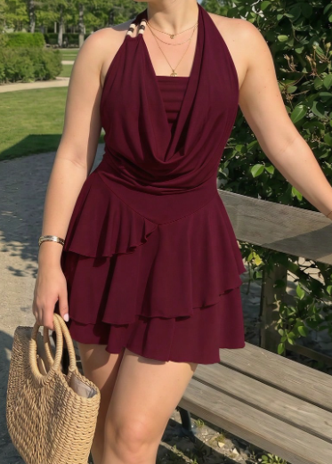 Burgundy Cowl Neck Ruffle Mini Dress