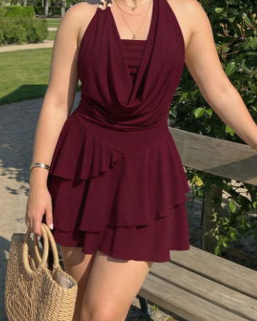 Burgundy Cowl Neck Ruffle Mini Dress
