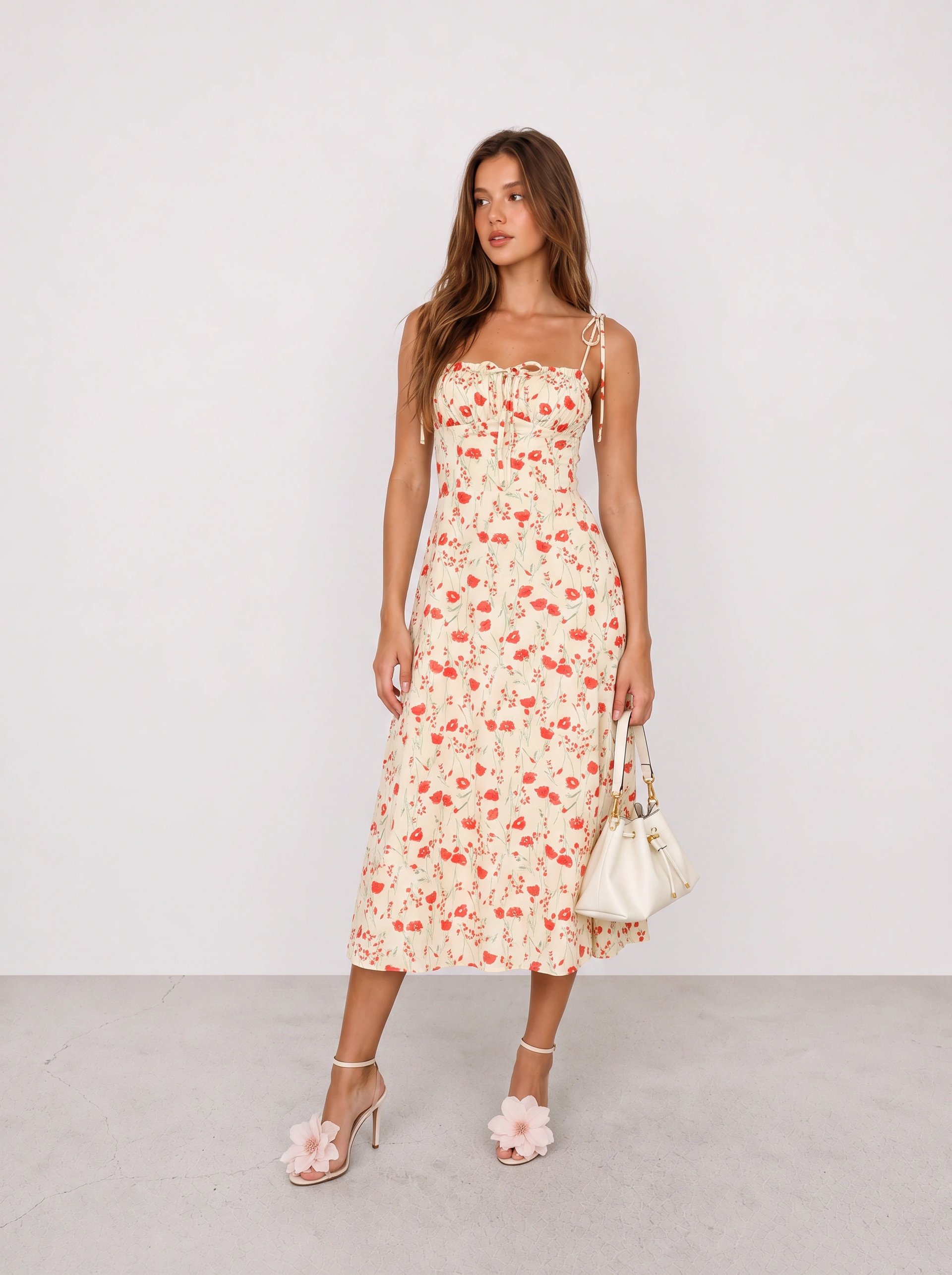 Red Floral Midi Dress Summer Outfit