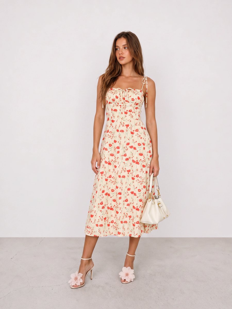Woman wearing a red floral midi dress, flower-detail heels, and a white bag