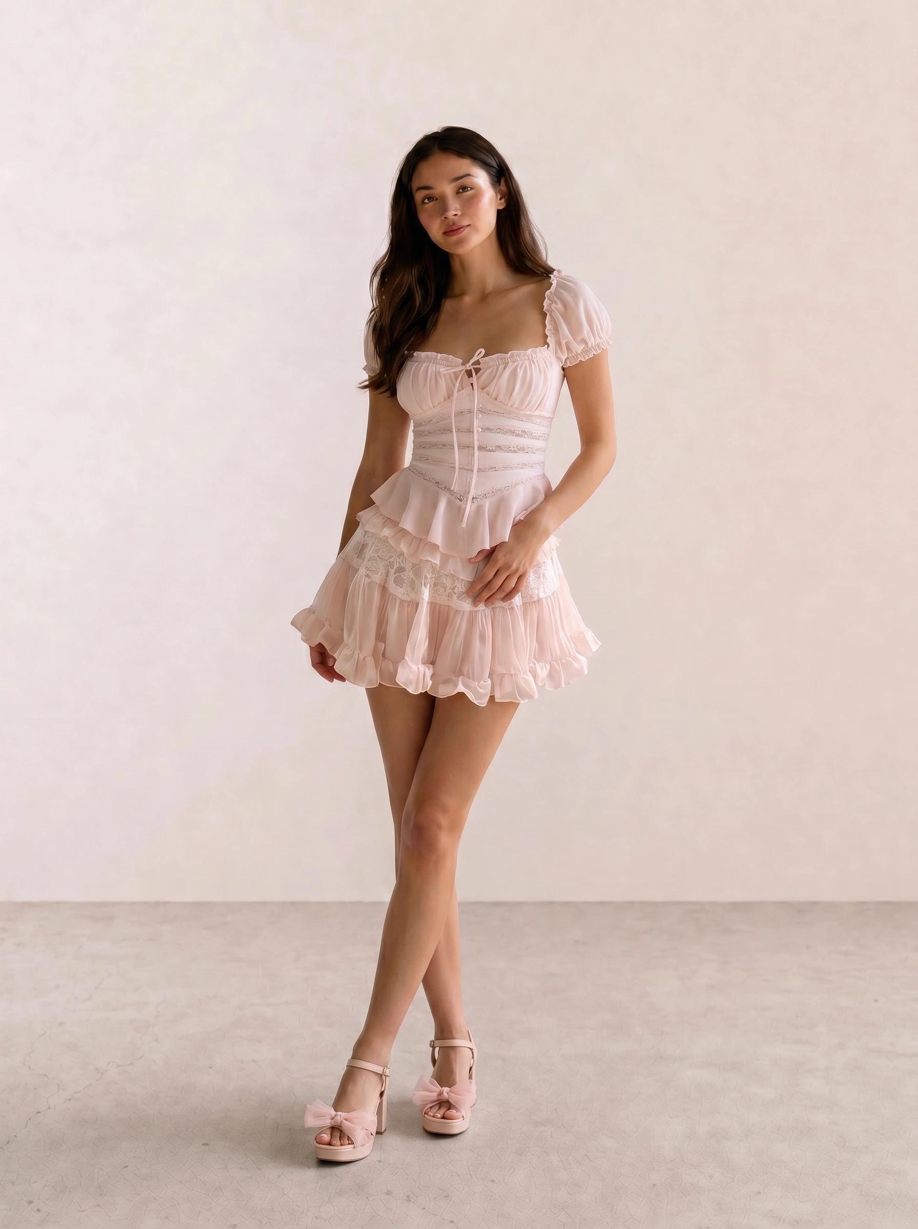 Pink Puff Sleeve Corset Top & Fairycore Ruffle Skirt
