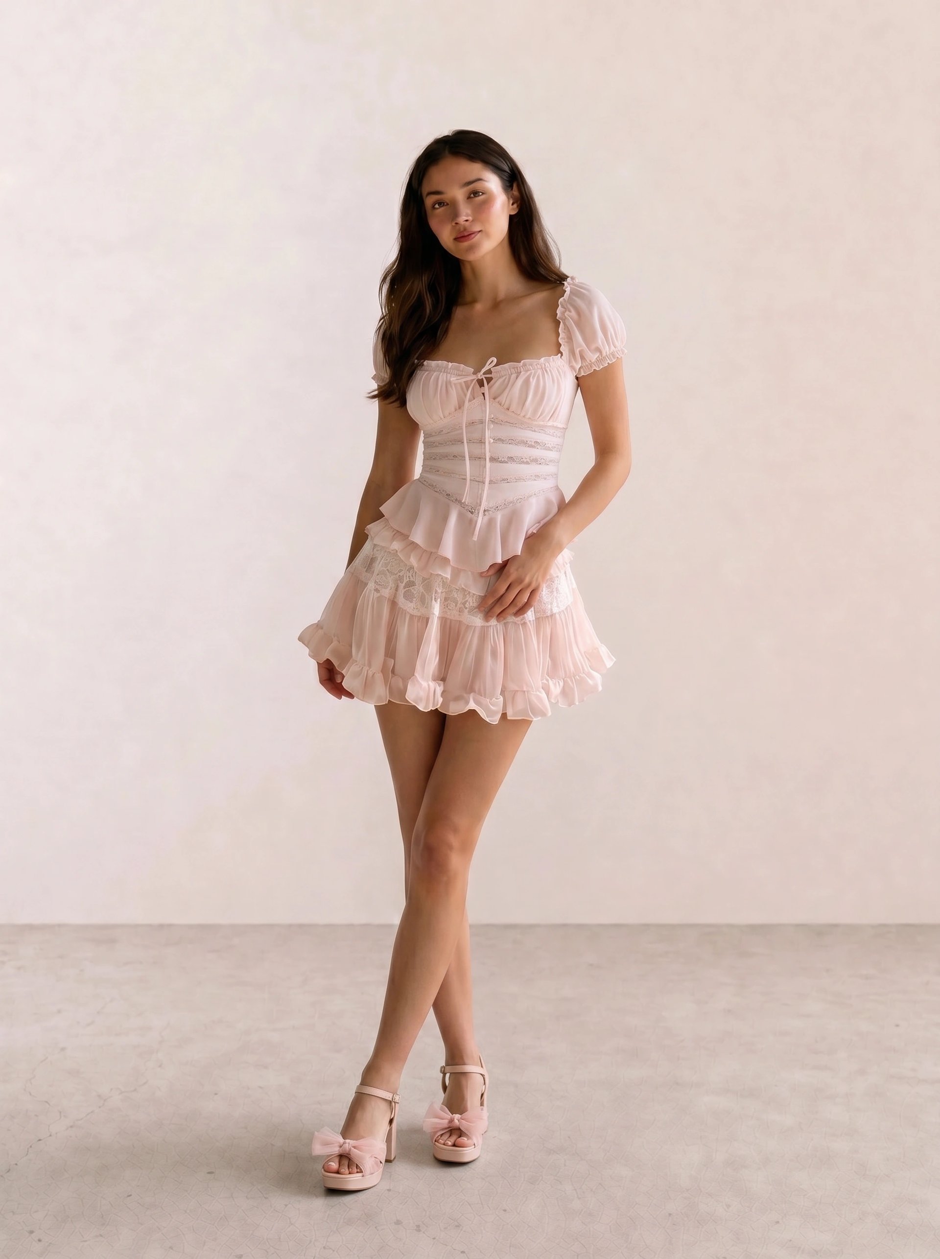 Pink Puff Sleeve Corset Top & Fairycore Ruffle Skirt