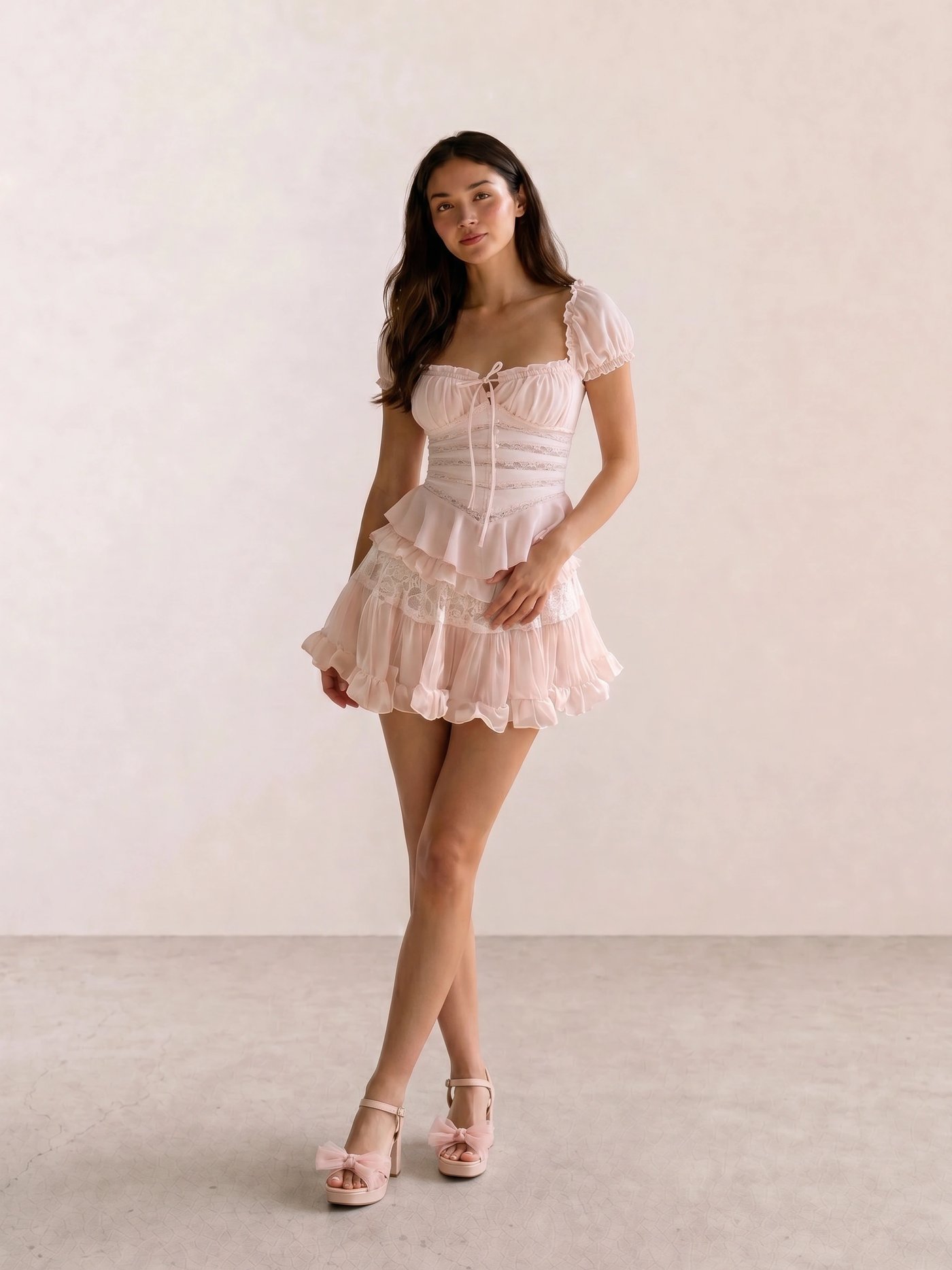 Pink Puff Sleeve Corset Top & Fairycore Ruffle Skirt