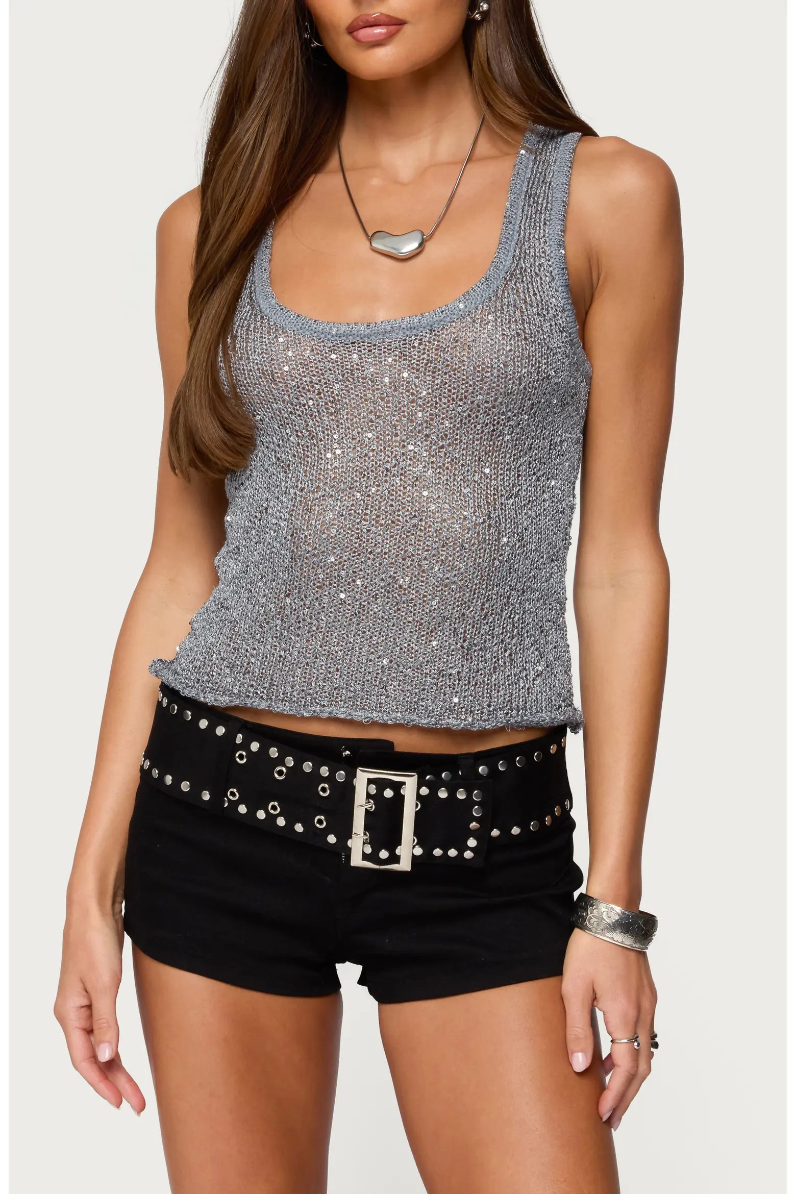 Silver sequin tank top with light wash denim mini skirt
